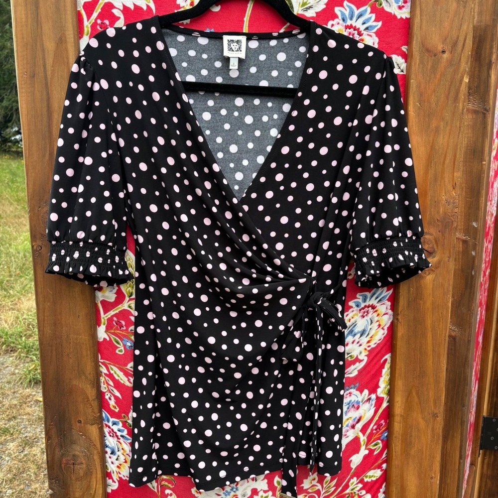 Black Pink Polka Dot Wrap Style 3/4 Sleeve Whimsy‎ Blouse Women's Size S-L